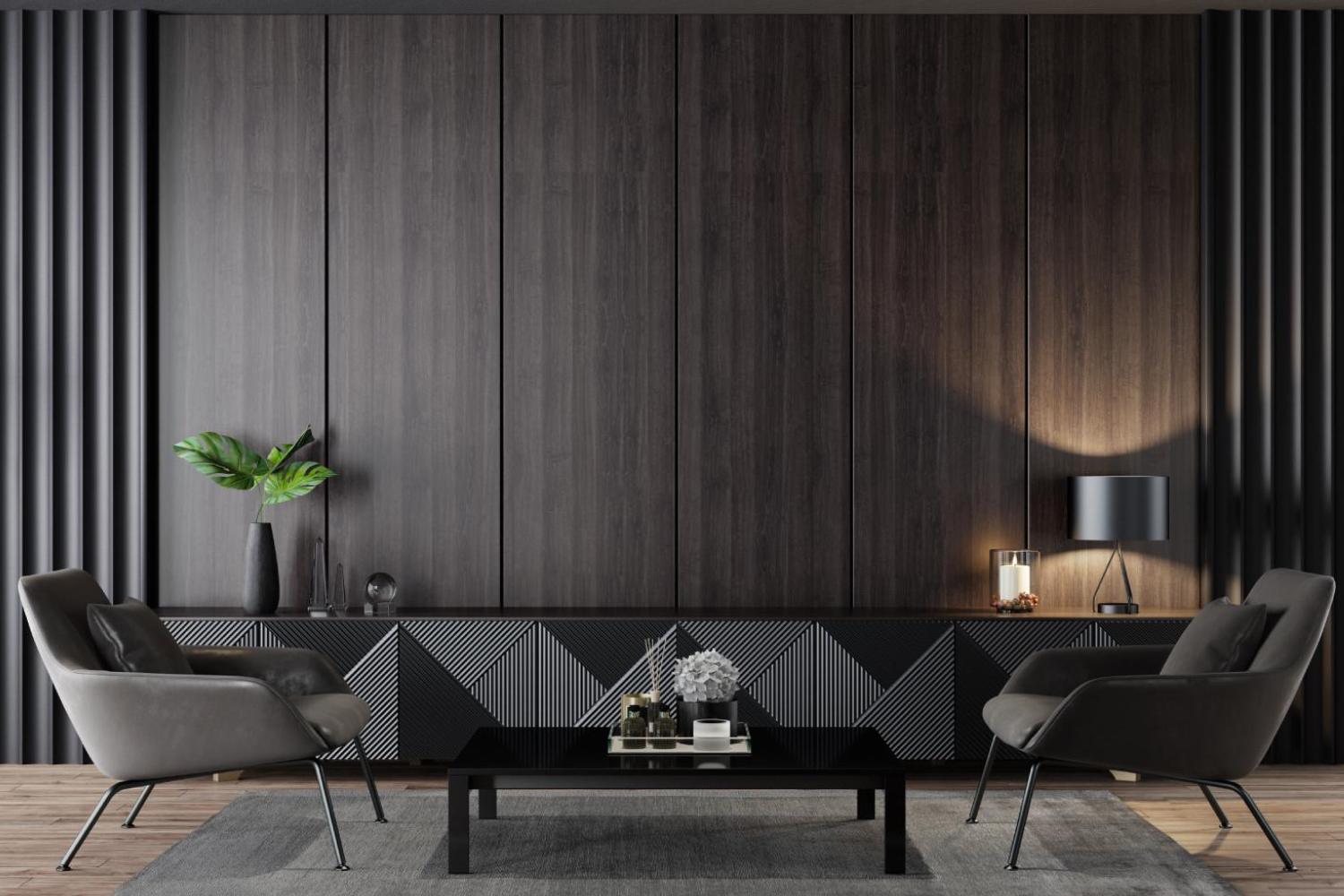 modern living room with subtle lighting and hidden TV behind cabinet